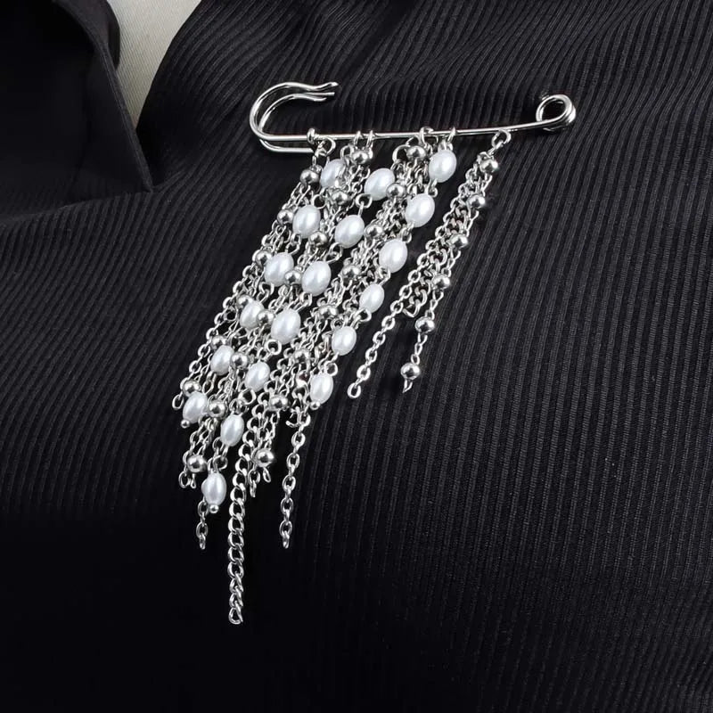 Layered Pearl Heart and Star Tassel Brooch for Women