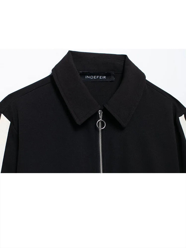Lapel Long Sleeve Zipper Sports Jacket Two Piece Wide Leg Pants Set for Women