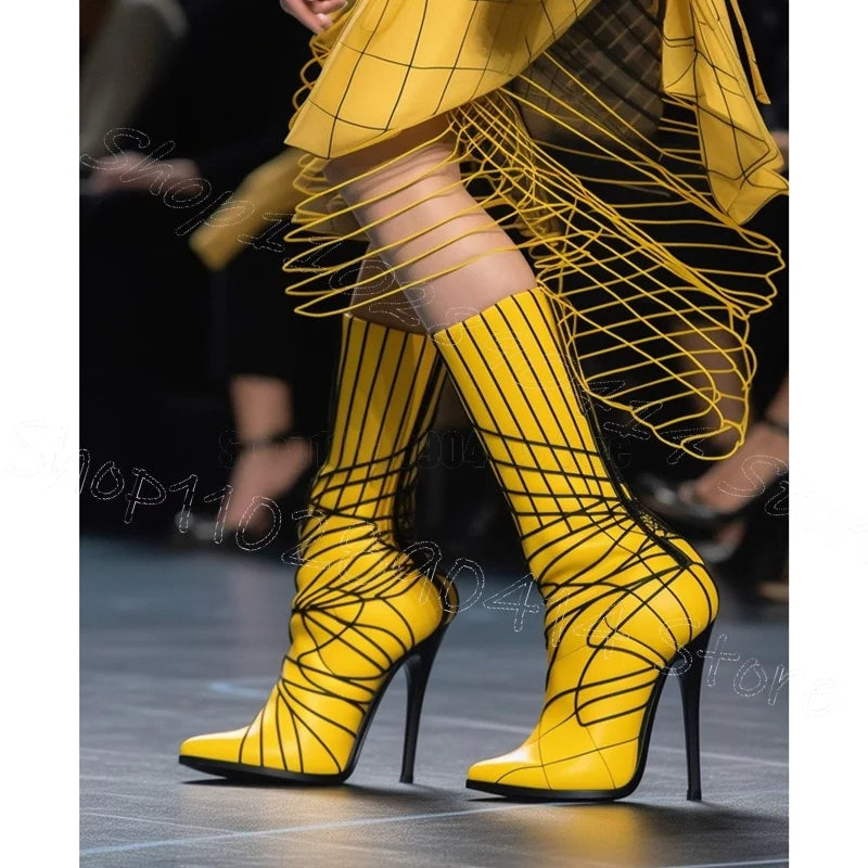 Thin High Heeled Striped Pointed Toe Boots For Women