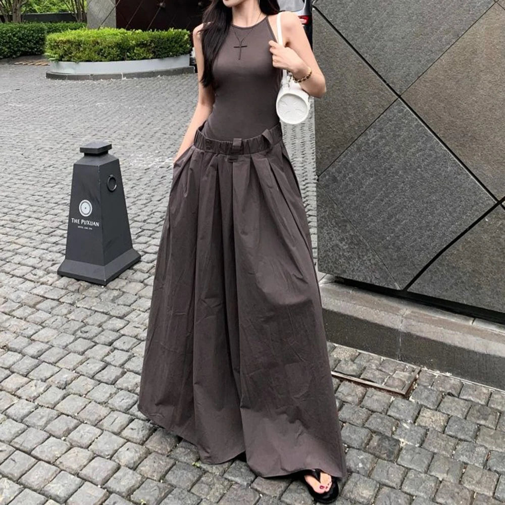 Gray High Waist Button Placket Midi Dress For Women