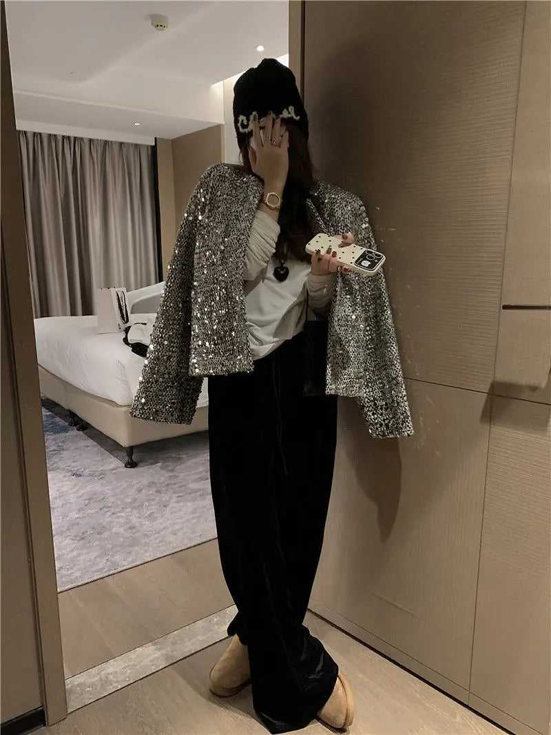 Elegant Sequined Tweed Button-Front Jacket for Women