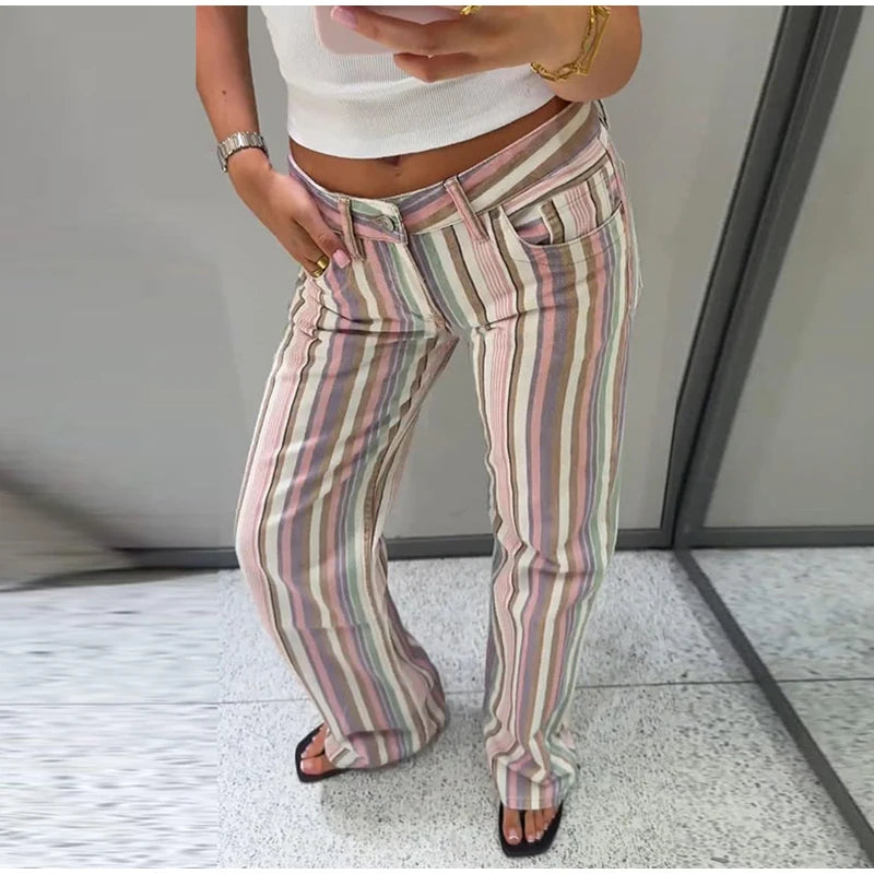 Color Block Rainbow Stripe Wide Leg Jeans for Women