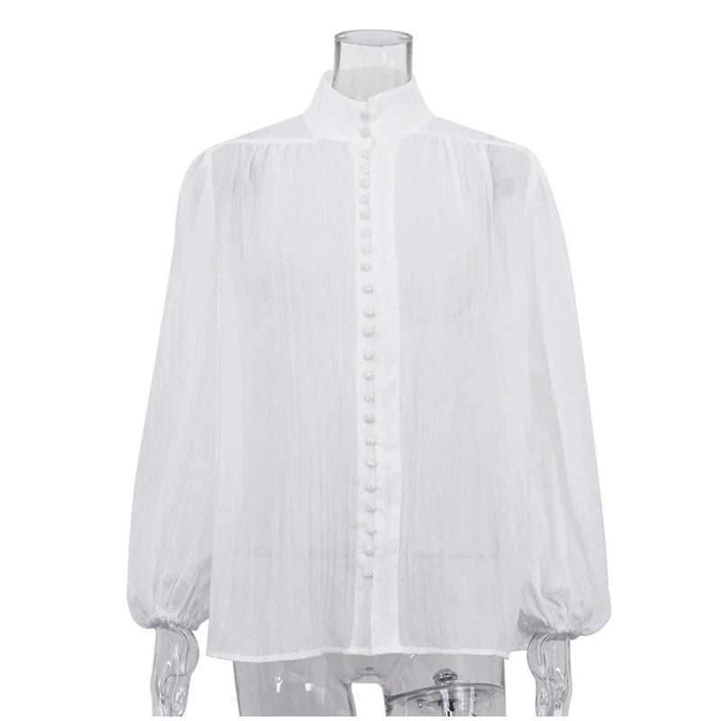 Elegant White Stand Collar Puff Sleeve Blouse for Women