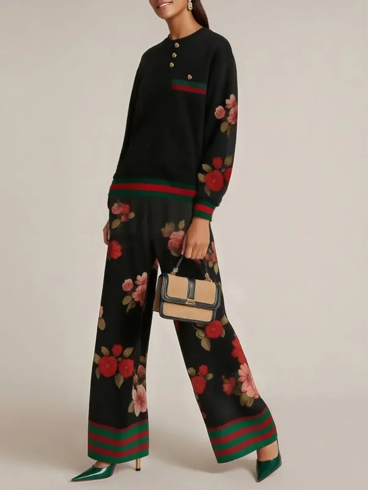 Women Elastic High Waist Wide Leg Pants 2026 New Elegant Floral Printed Contrast Color Loose Casual Office Trousers Bottoms