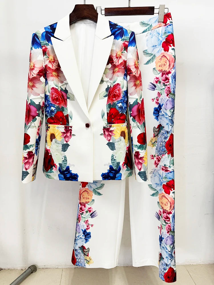 HIGH STREET Newest 2026 Designer Runway Suit Set Women's Gorgeous Floral Printed Blazer Pants Suit 2pcs