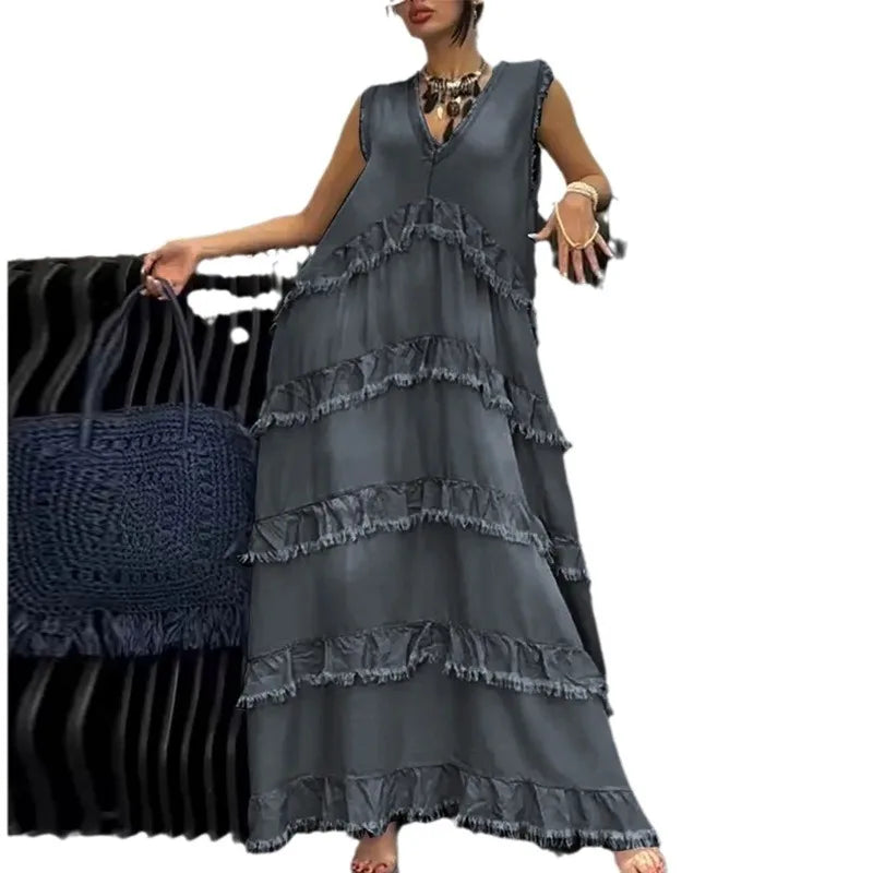 Solid Color V-Neck A-Line Ankle Length Dress for Women