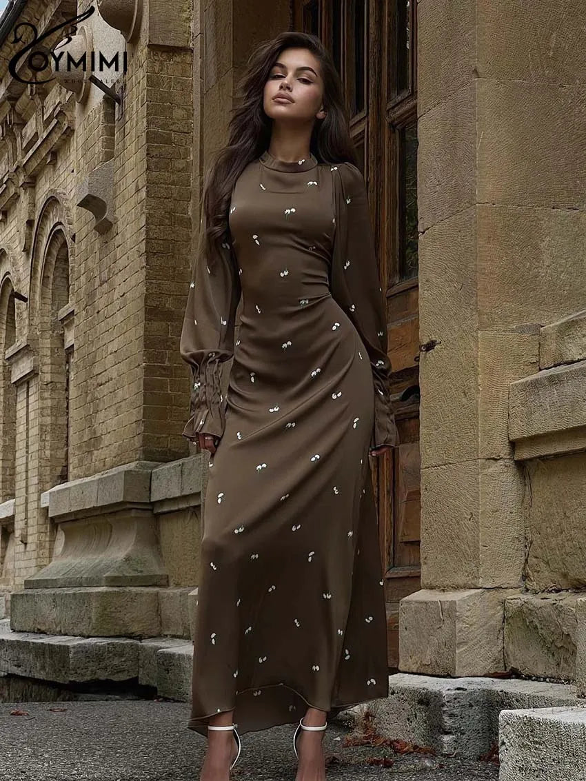 Oymimi Elegant Black Print Dresses For Women Fashion O-Neck Long Sleeve Dresses Casual New High Waist Lace-Up Ankle-Length Dress