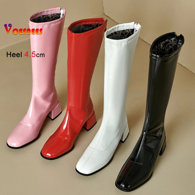 Red Patent Leather Square Toe Knee-High Boots for Women