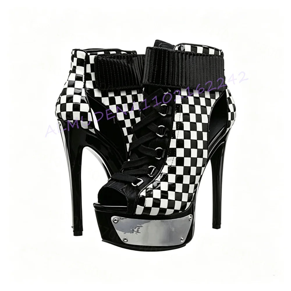 Checkerboard Platform Stiletto Ankle Boots for Women