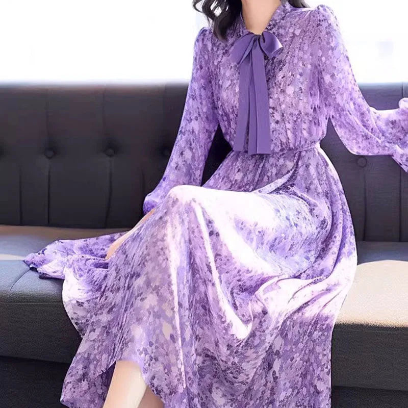 Floral Chiffon Bow Long Sleeve Dress