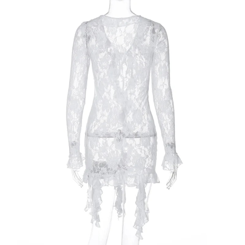 Tie Front Sheer Lace Trim Mini Dress