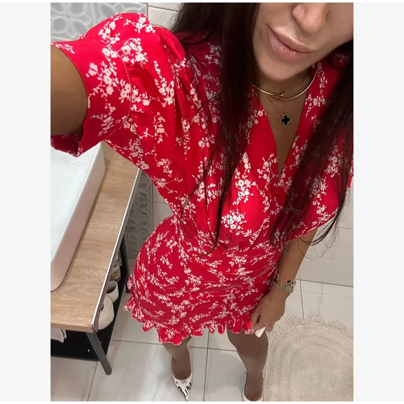 Floral Printed Lace Up Puff Sleeve Mini Dress for Women