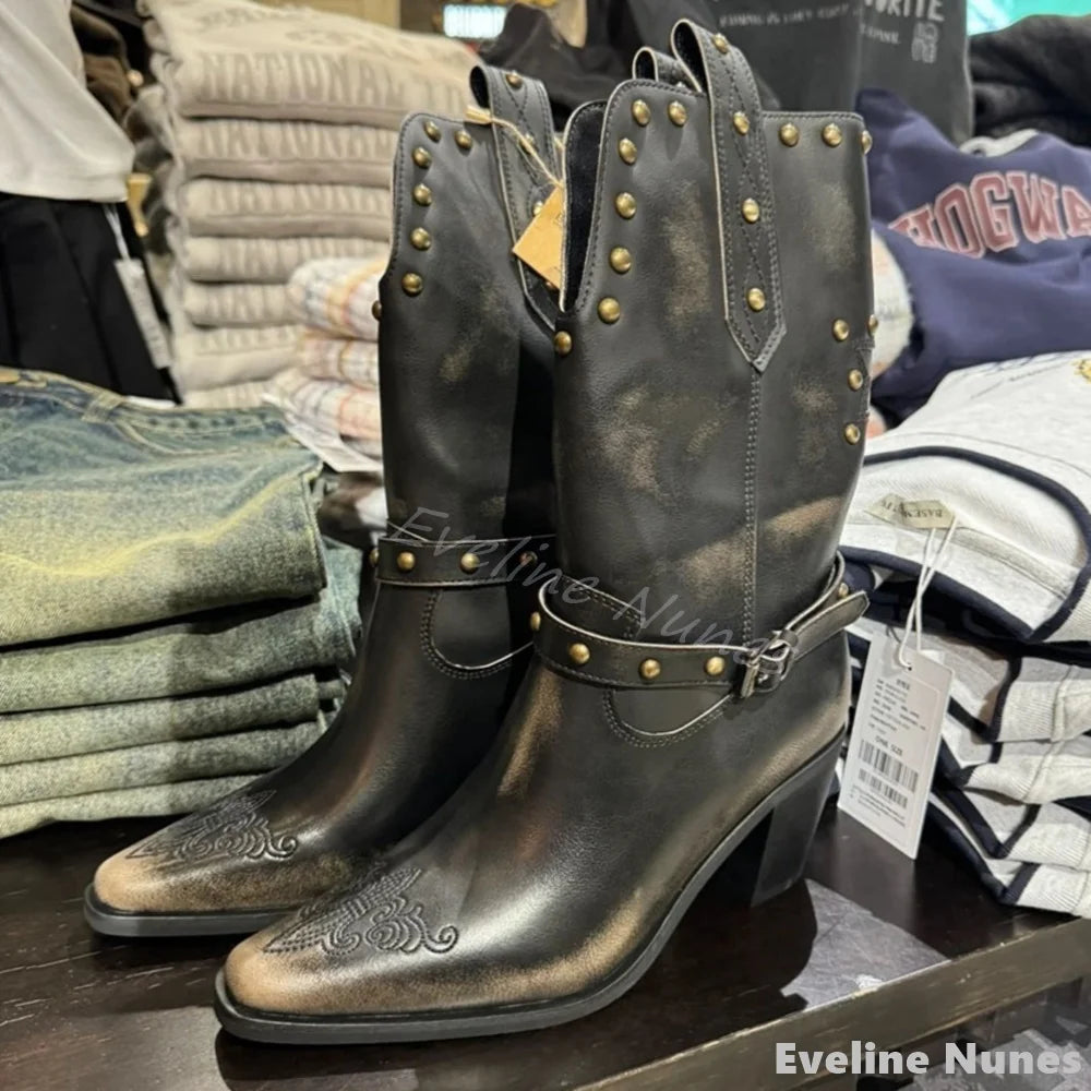 Retro Chunky Heel Western Knee High Boots For Women