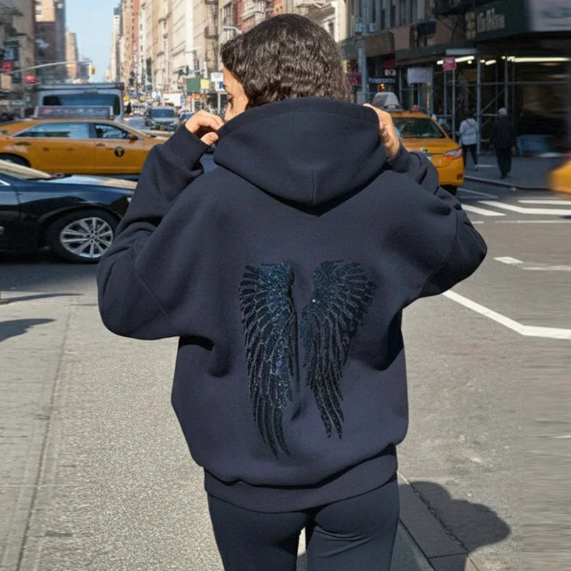 Sequin Wing Design Hooded Sweatshirt Pants Set For Women