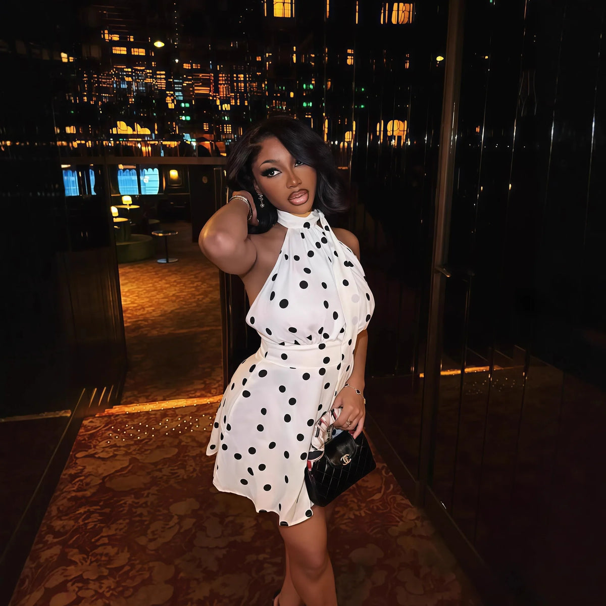 Retro Halter Neck Polka Dot Chiffon Mini Dress for Women