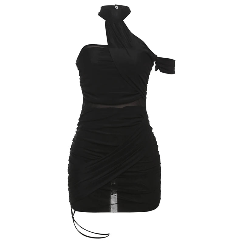Sheer Cross Bandage Backless Halter Mini Dress for Women