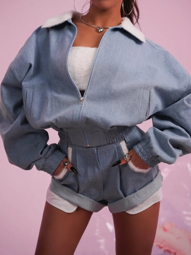 Long Sleeve Oversized Zip Jacket and Shorts Set for Women