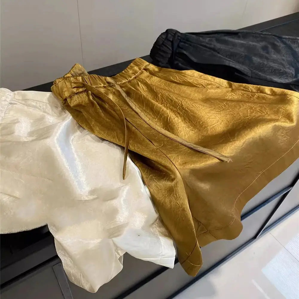 Loose Fit Elastic Waist Satin Texture Casual Shorts for Women