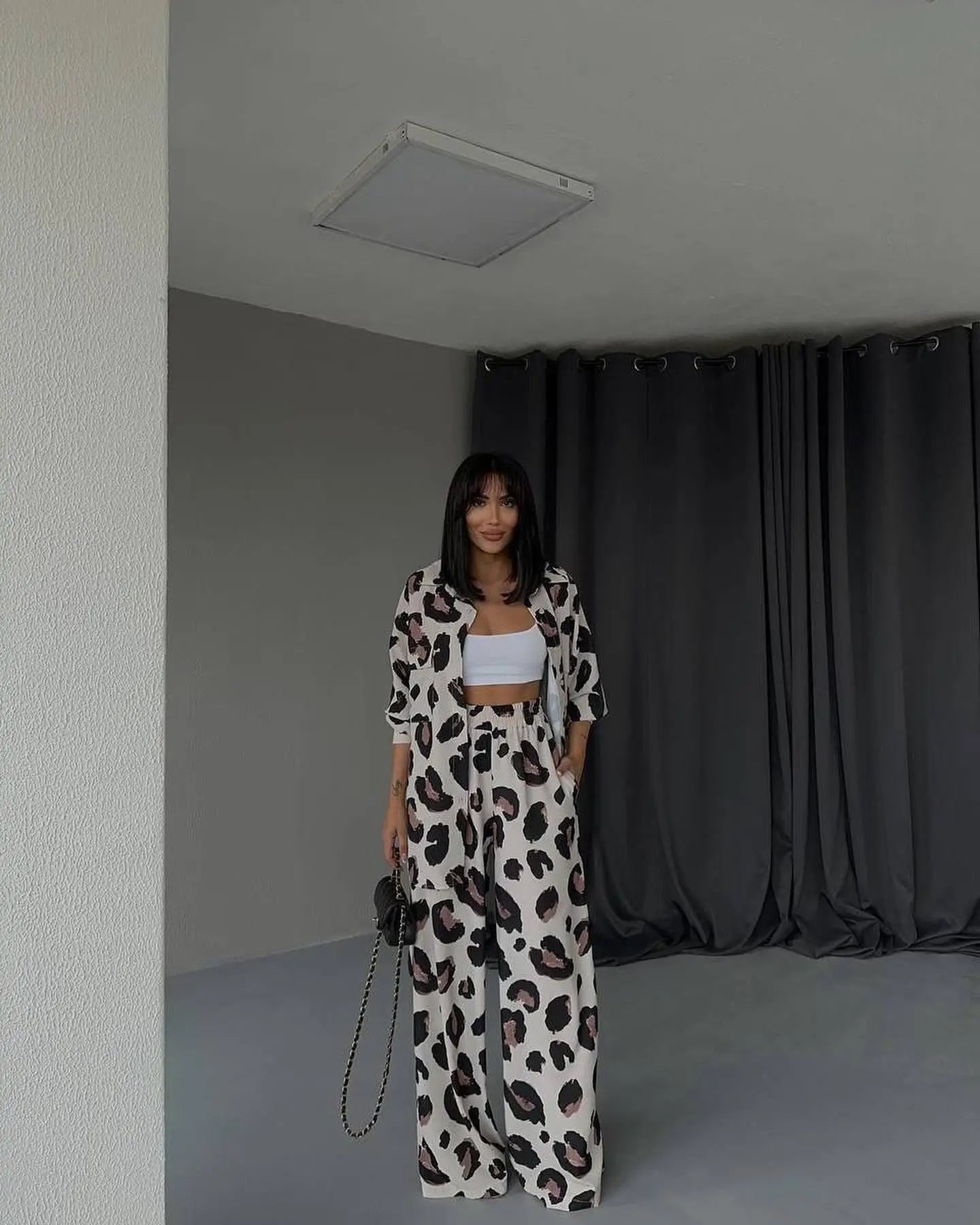 Fashion Leopard Print Women's Two Piece Sets Elegant Casual Button Streetwear Long Sleeve Shirt And Wide Leg Pants 2 Piece Sets