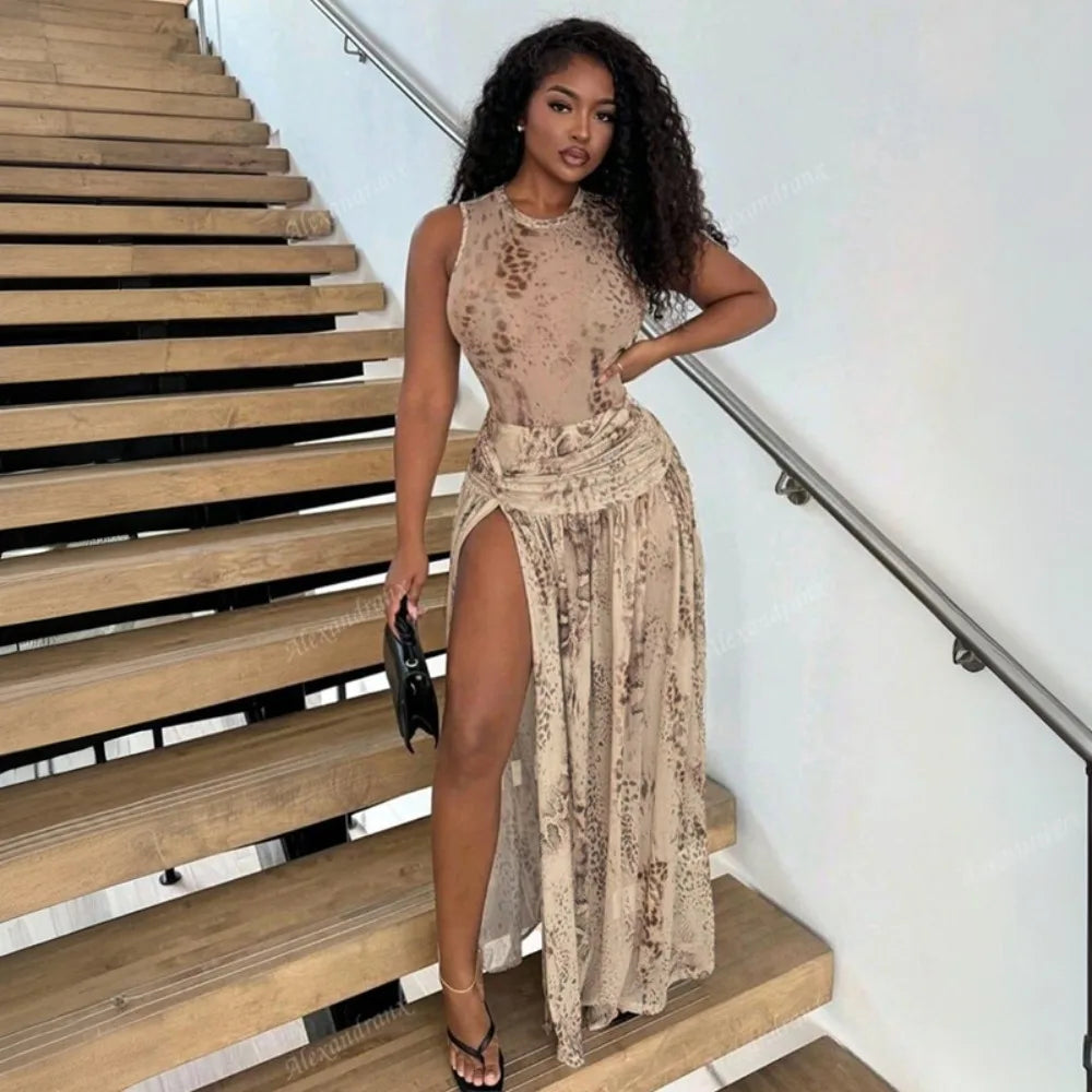 Leopard Print Bodysuit And Split Skirt Set for Women