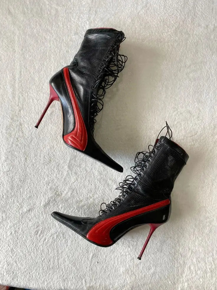 Black Red Leather Pointed Toe High Heel Ankle Boots For Women