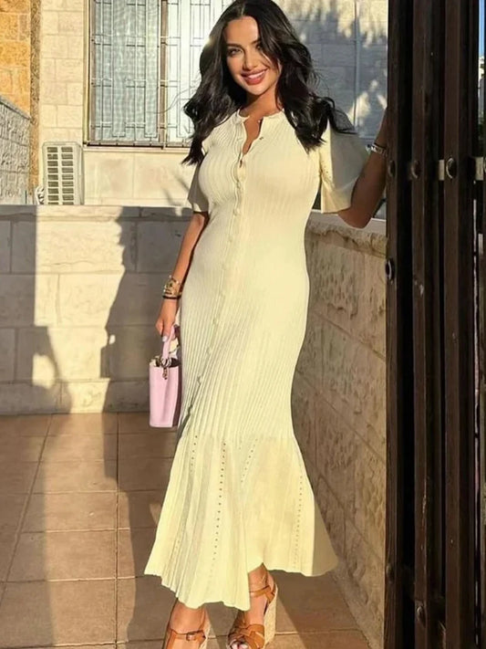 Elegant Pleated Hem Street Fashion O Neck Bell Sleeve Slim Knit Midi Dress 2025 Women Summer Beach Swimsuit Cover Up Tunic A3055