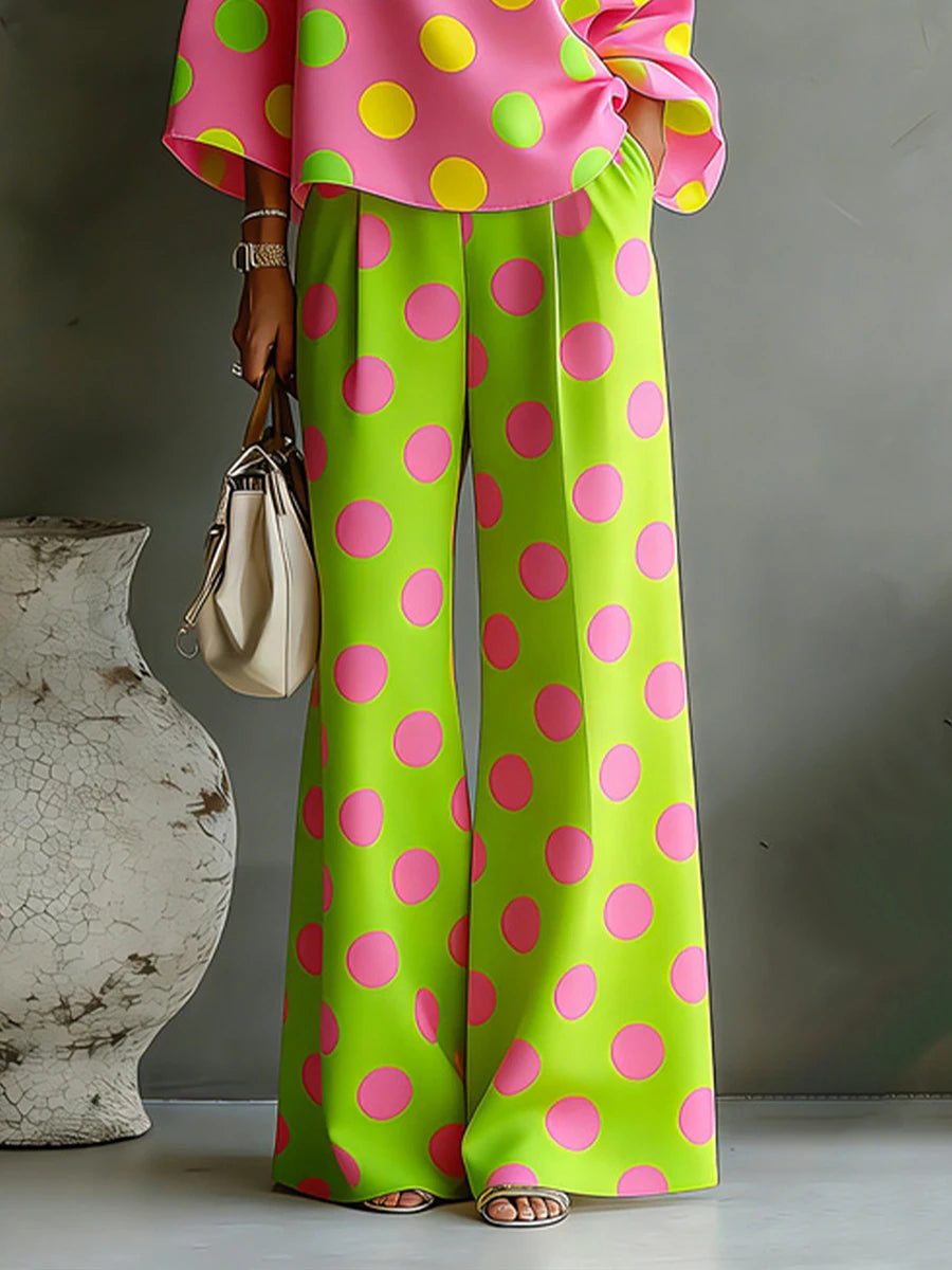 Bonboho Women's High Waist Polka Dot Pants Bright Green with Pink Dots Wide Leg Trousers 2026 Summer Casual Commuter Bottoms
