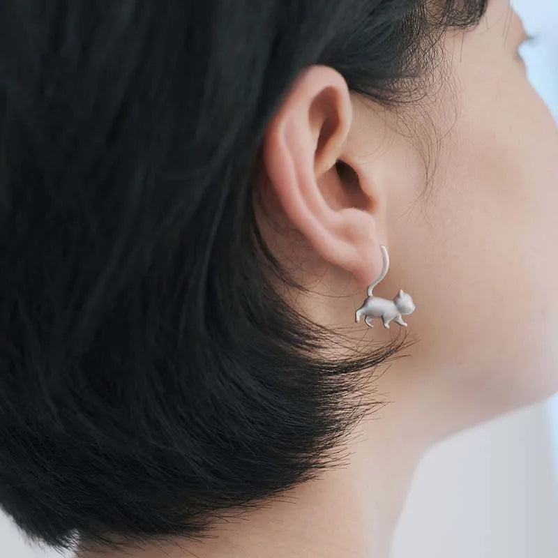 Silver Tone Cat Stud Earrings