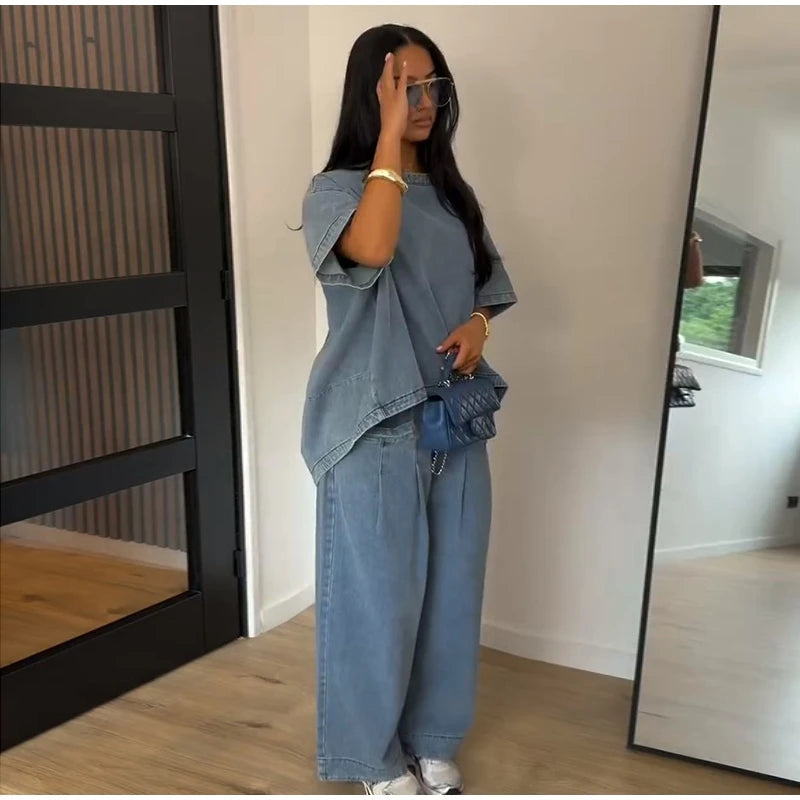 Oversized O Neck Casual Denim Two Piece Set for Women