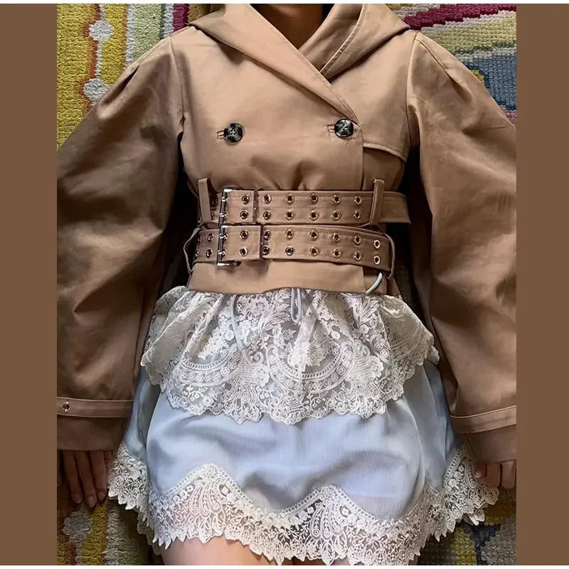 Khaki Cotton Blended Double Breasted Puff Sleeve Coat For Women
