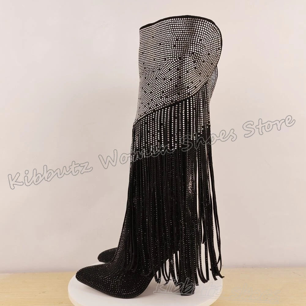 Crystal Knee High Boots Glossy Pointy Chunky Heels Luxury Novelty Elegant Concise Sexy Fashion Luxury Women Shoes Newest Slip-On