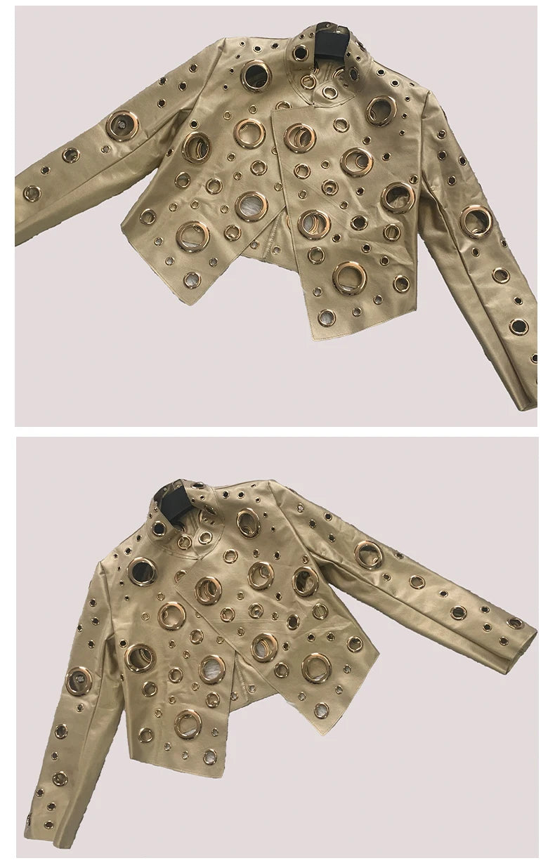 Sequin Hollow Out Patchwork Faux Leather Jacket For Women