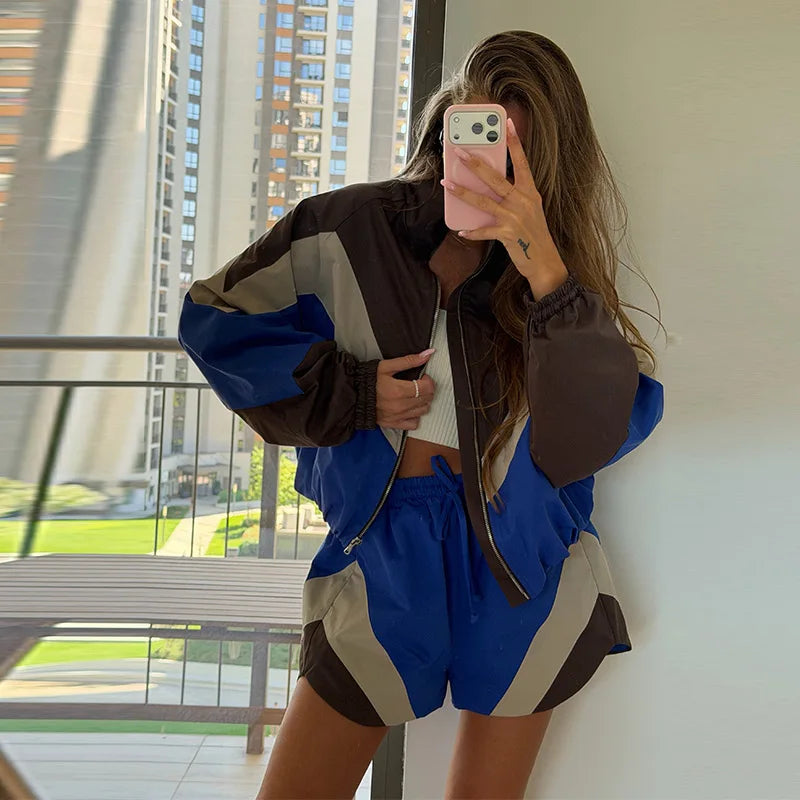 Contrast Color Zip Jacket and Shorts Two Piece Set for Women