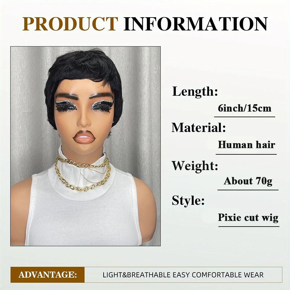 Short Black Pixie Cut Human Hair Wig With Bangs for Women