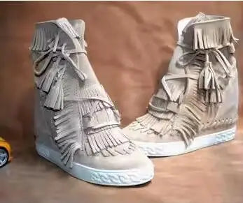 Girls Beige Black Gray Pink Suede Genuine Leather Round Toe Tassel Fringed 8 CM Height Increasing Wedges Sneakers Ankle Boots
