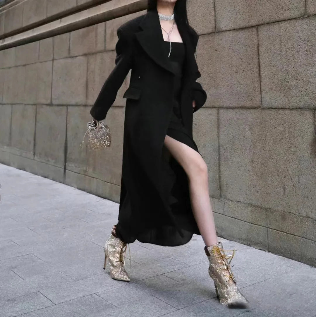 Design Women High Heel Champagne Gold Handmade Rhinestones Lace Up Ankle Boots Sexy Lady High Heel Pointy Crystal Short Boots