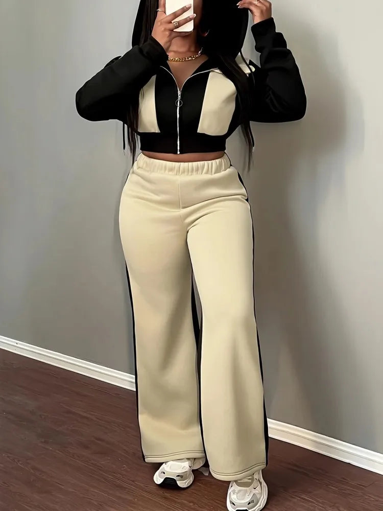 Hooded Two Piece Top and Pants Matching Set for Women