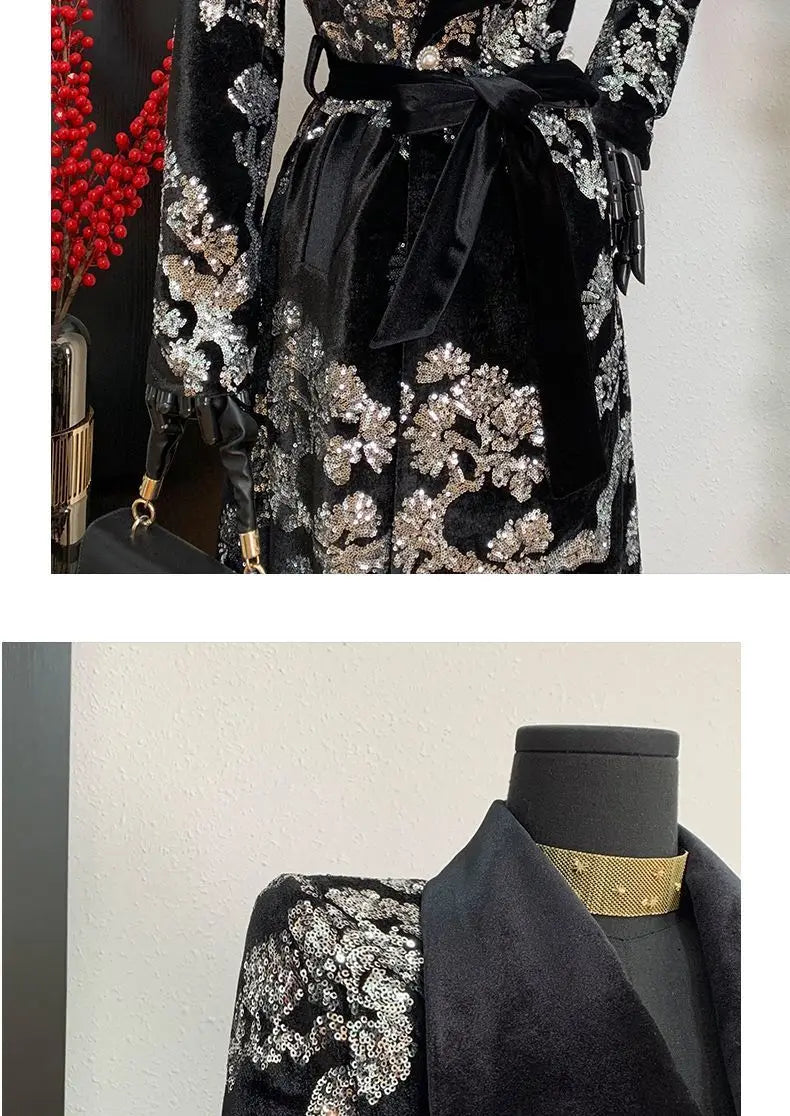 Adjustable Waist Windbreaker Coat Autumn/Winter New Sequins Trench Coat, Women's Coat, English Style Overcoat