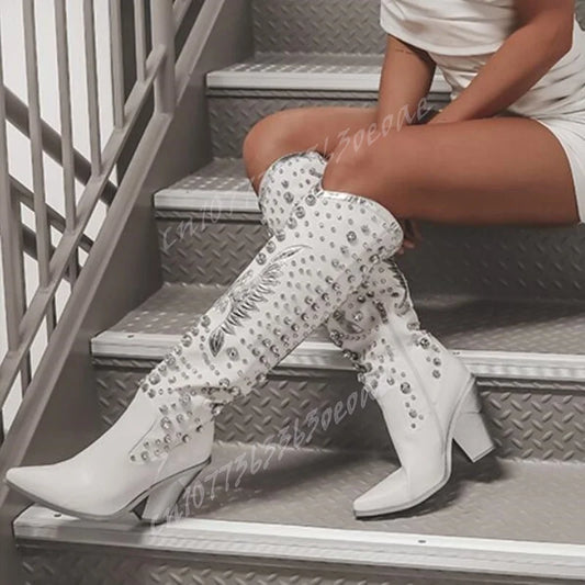 White Wing Decor Chunky Heels Boots Crystal Knee High Pointed Toe Shoes for Women Matte Leather Shoes 2025 Zapatos Para Mujere