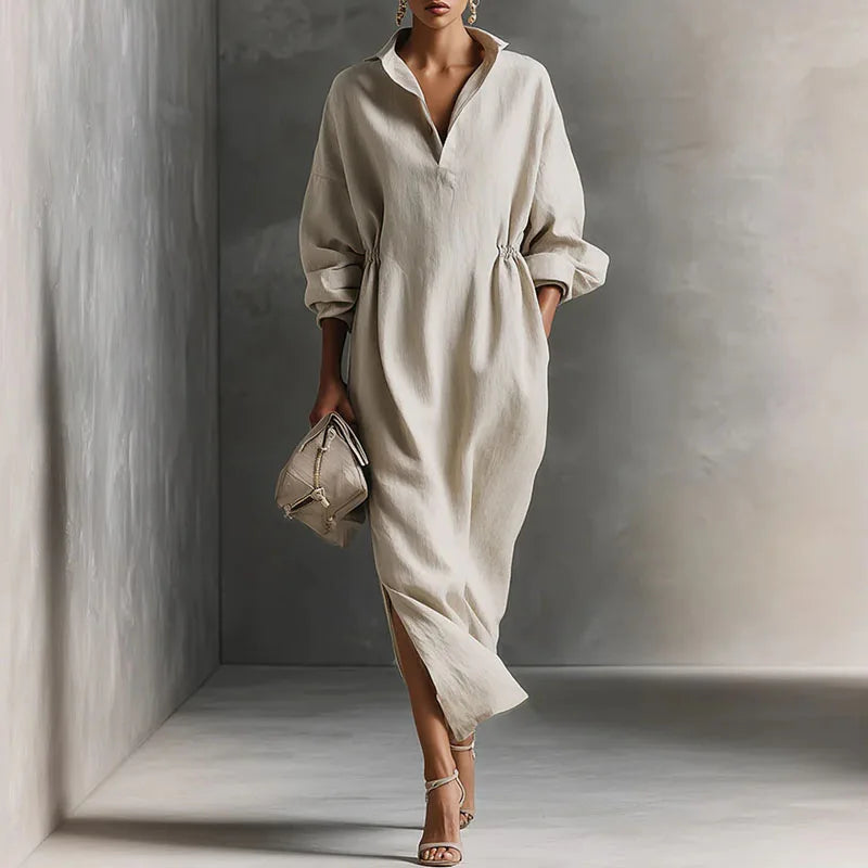 Elegant V Neck Long Sleeve Split Maxi Dress for Women