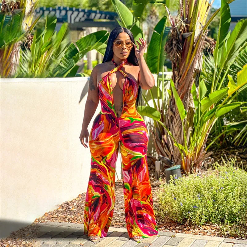 Bohemian Print Halter Neck Backless Wide Leg Jumpsuit for Women
