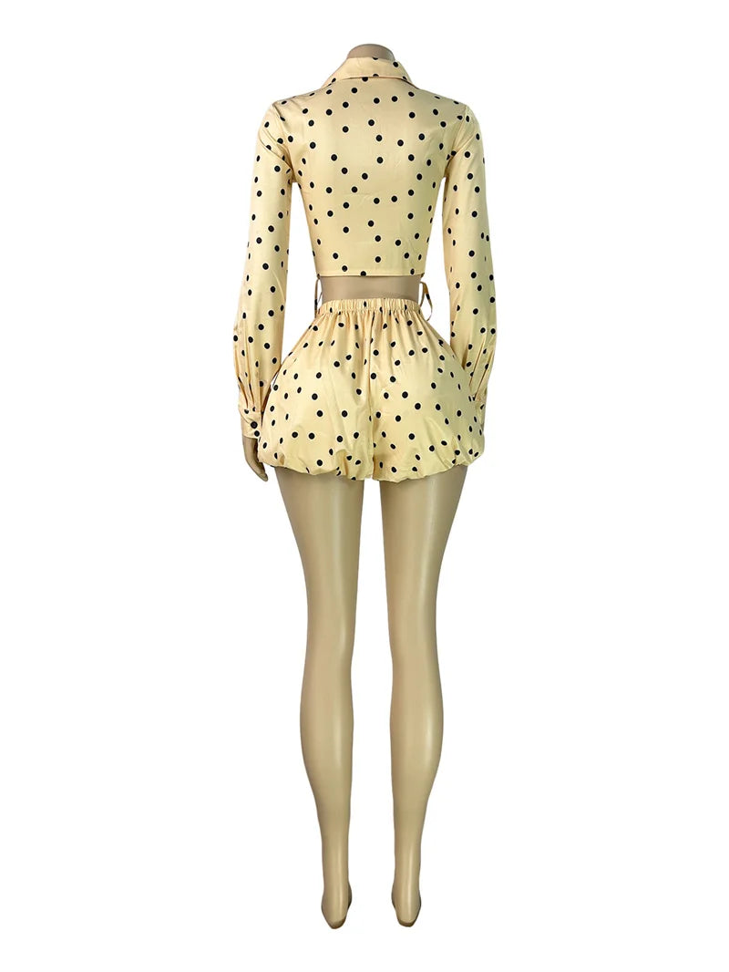 Polka Dot Ruched Turn-Down Collar Shirt and Shorts Set for Women