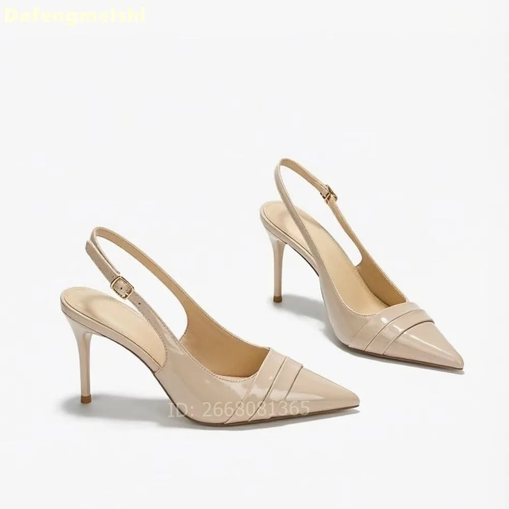 Nude Patent Leather Pleated Pointed Toe Slingback Pumps For Women