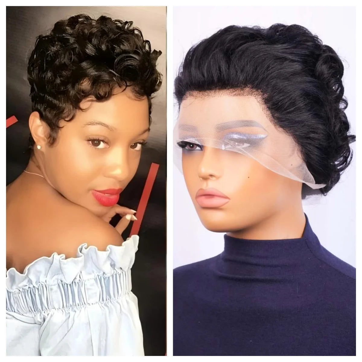Short Curly Pixie Lace Front Human Hair Wig for Women