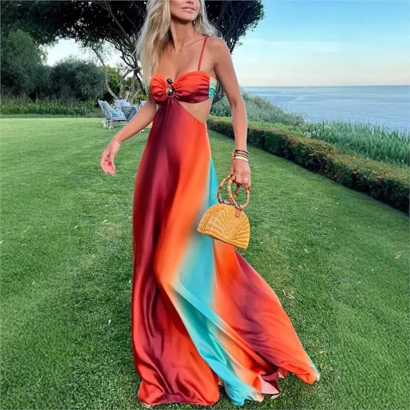 Sexy Gradient Sling Beach Long Dress Women Vintage Sleeveless Lace Up Hollow Out Tube Dresses Female Chic Street Party Holiday