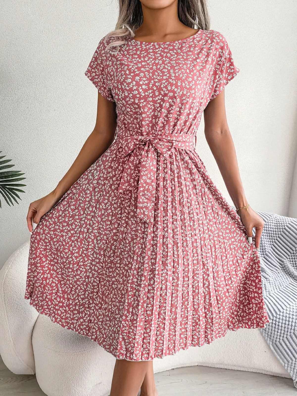 Chic Casual Pleated Short Sleeve Midi Dress for Women