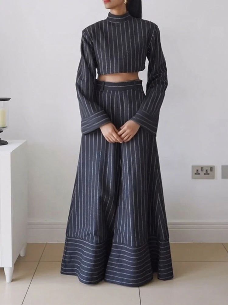 Gymystars Fall Women' Striped Pants Sets Striped Fashion Long Sleeves High Neck Blouses Loose Wide Leg Trousers Female Overalls