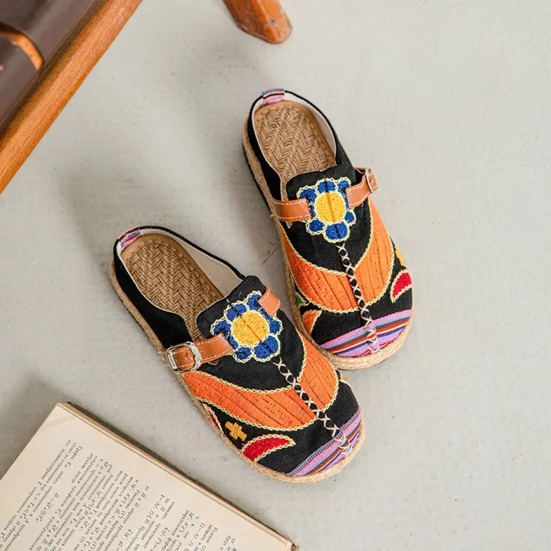 Lightweight Embroidered Cotton Linen Flat Slippers for Women