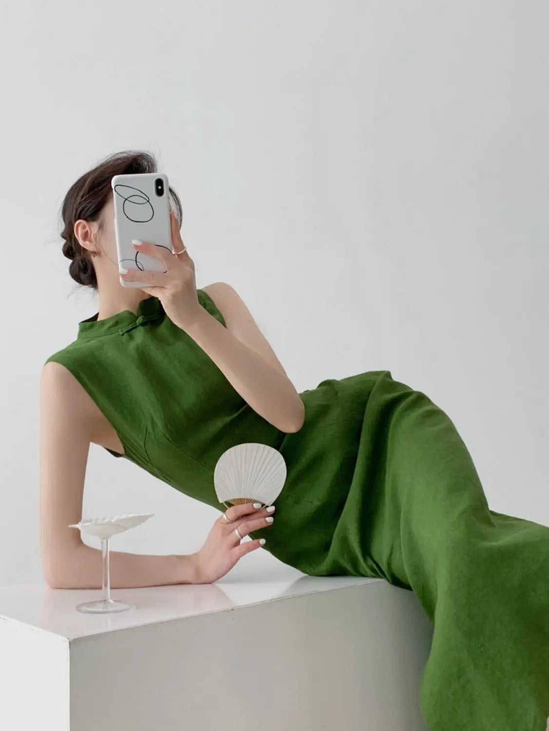 Moss Green Retro Chinese Style Cheongsam Dress for Women