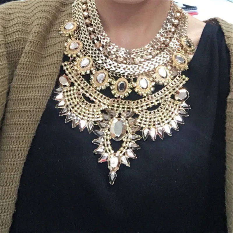 Chunky Crystal Rhinestone Statement Bib Necklace for Women